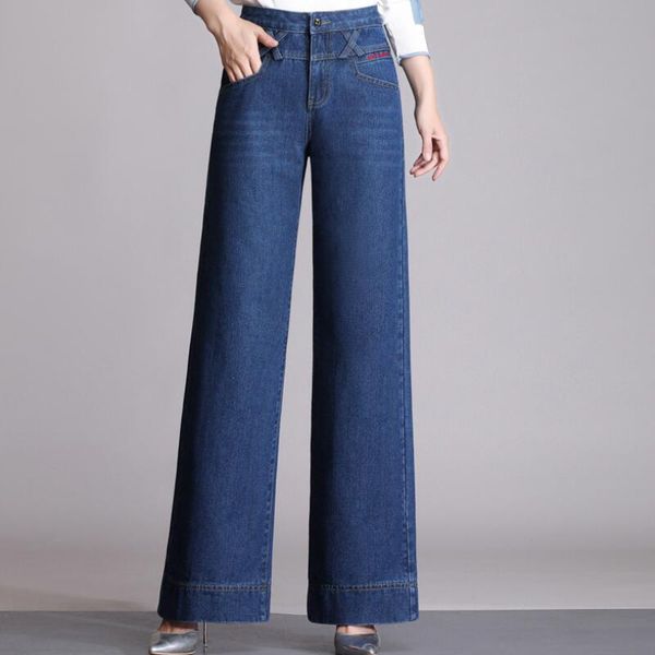 new spring autumn women fashion denim pants one button front zipper straight pants lady bleached long wide-leg jeans 26-33, Blue