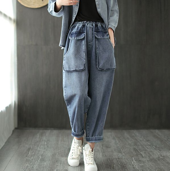 women's jeans autumn denim harem women vintage loose pockets elastic waist casual cowboy trousers, Blue
women's jeans autumn denim harem women vintage loose pockets elastic waist casual cowboy trousers, Blue