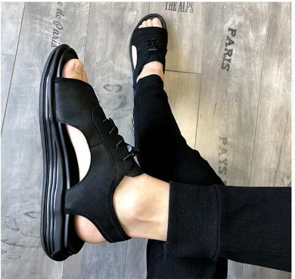 men sandals 2020 cow leather summer rome style mens gladiators lace shoes, Black
