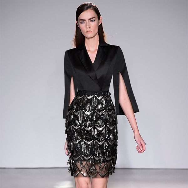 sparkling dresses women runway designer 2020 new spring summer patchwork sequin elegant work office ladies midi pencil dress, Black;gray 
sparkling dresses women runway designer 2020 new spring summer patchwork sequin elegant work office ladies midi pencil dress, Black;gray