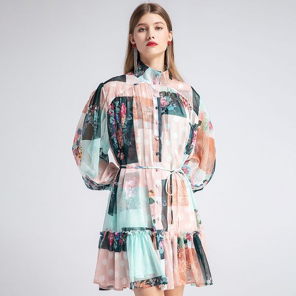 women's runway dresses stand collar long sleeves floral printed ruffles color block fashion designer short dresses, Black
women's runway dresses stand collar long sleeves floral printed ruffles color block fashion designer short dresses, Black