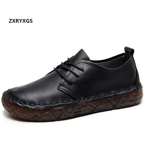 2020 new autumn 100% natural full genuine leather shoes flat shoes handmade all-match soft sole comfort casual woman, Black