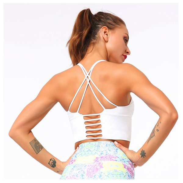 women's strappy sports bra medium support gym workout yoga bra cross back wireseamless bralette, White;black
women's strappy sports bra medium support gym workout yoga bra cross back wireseamless bralette, White;black