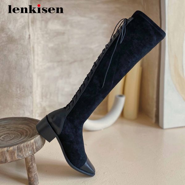 boots lenkisen riding real cow leather mixed cloth cross-tied square toe thick med heel lace up stretch soft knee high l77, Black
boots lenkisen riding real cow leather mixed cloth cross-tied square toe thick med heel lace up stretch soft knee high l77, Black