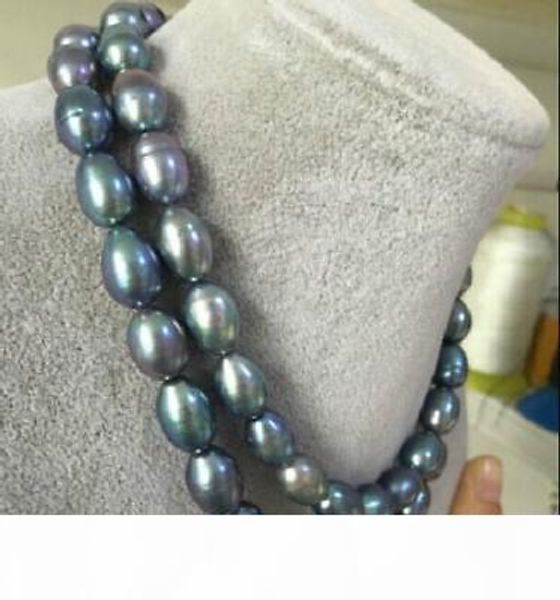 double strand 11-13mm natural tahitian black blue pearl necklace 35" 14k, Silver