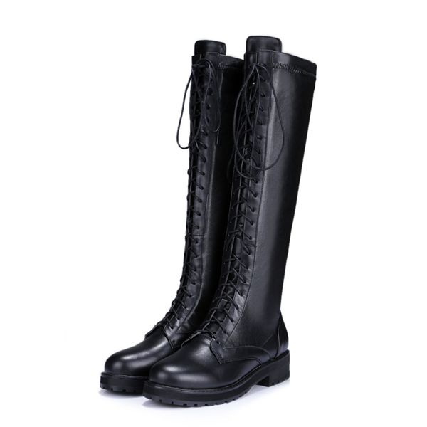 autumn and winter new long tube women's leather low heel boots high tube round head thick with lace elastic female boots, Black
autumn and winter new long tube women's leather low heel boots high tube round head thick with lace elastic female boots, Black