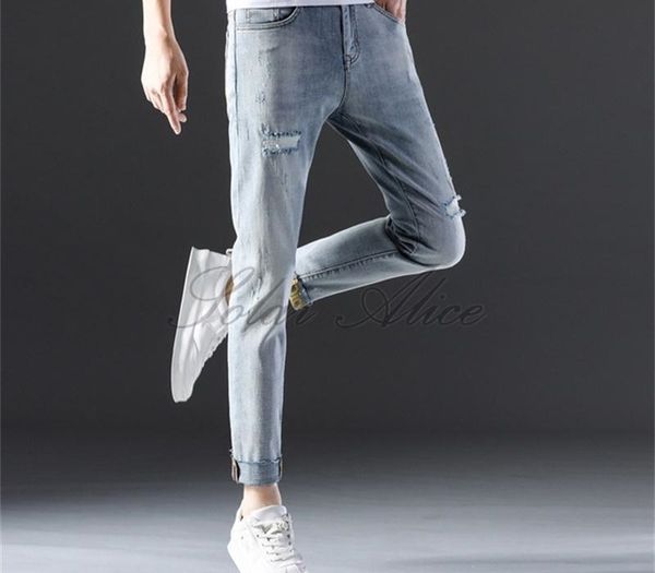 2020 men's new summer ripped ankle-length small feet jeans thin slim fit stretch pencil casual pants, Blue
2020 men's new summer ripped ankle-length small feet jeans thin slim fit stretch pencil casual pants, Blue