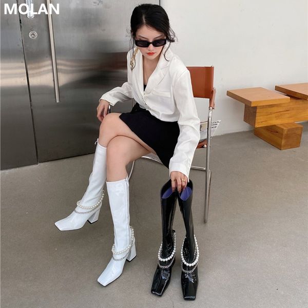 molan brand designer 2020 winter fashion metal chain elegant pearl square toe knee hign boots high heels parent leather shoe, Black
molan brand designer 2020 winter fashion metal chain elegant pearl square toe knee hign boots high heels parent leather shoe, Black