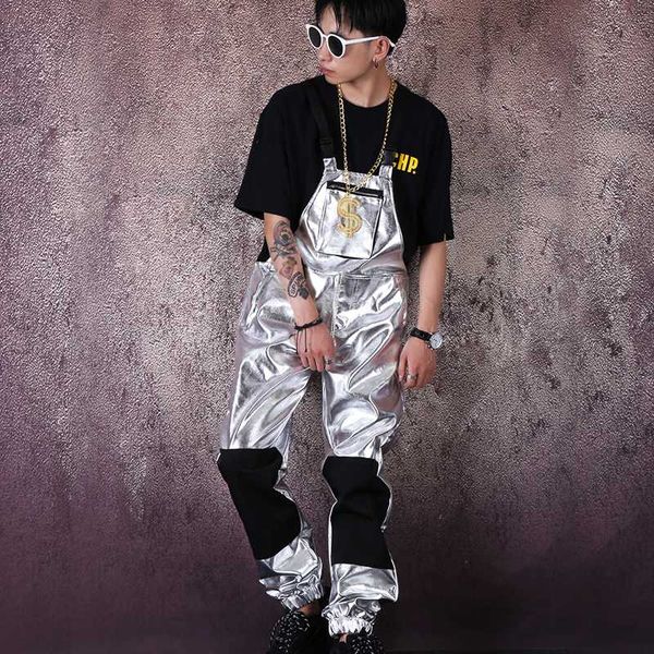 men's pants men streetwear silver leather overalls jumpsuit pant male women fashion casual bib harem trouser stage costume hip hop punk, Black
men's pants men streetwear silver leather overalls jumpsuit pant male women fashion casual bib harem trouser stage costume hip hop punk, Black