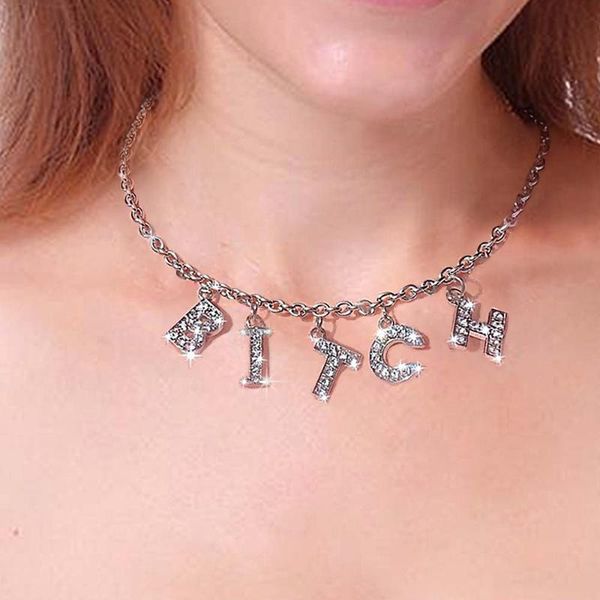 punk stainless steel chain collar fashion girl tassel letter necklace letter rhinestone necklace women accessories, Silver 
punk stainless steel chain collar fashion girl tassel letter necklace letter rhinestone necklace women accessories, Silver