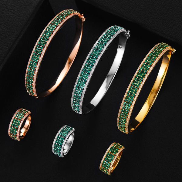 godki luxury 3pc green earring bangle ring set for women wedding party baguette cut zirconia dubai bridal jewelry sets boho 2020, Silver