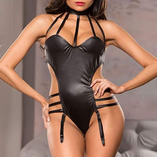2020 european and american new style lingerie patent leather one-piece halter women's underwear, Black;white 
2020 european and american new style lingerie patent leather one-piece halter women's underwear, Black;white