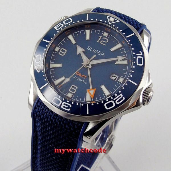 41mm bliger blue dial sapphire glass gmt date window automatic mens watch, Slivery;brown
41mm bliger blue dial sapphire glass gmt date window automatic mens watch, Slivery;brown