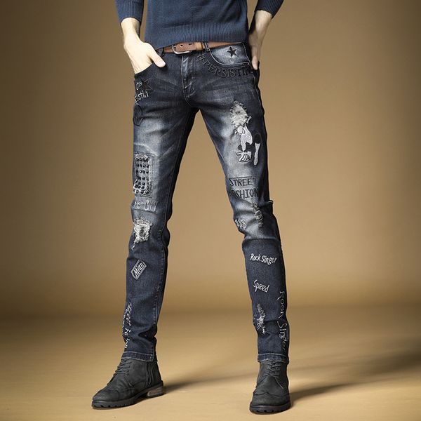 new 2020 men's male embroidered jeans slim european personality brand rock hip hop retro old hole pants trousers, Blue
new 2020 men's male embroidered jeans slim european personality brand rock hip hop retro old hole pants trousers, Blue
