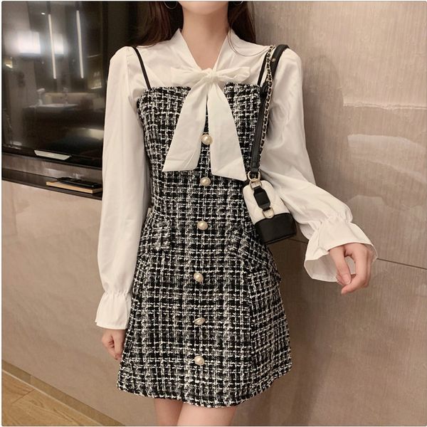 new arrival korean runway korean women bow tie blouse + elegant sweet tweed sling dresses women clothes 2 piece set suit, Gray
new arrival korean runway korean women bow tie blouse + elegant sweet tweed sling dresses women clothes 2 piece set suit, Gray