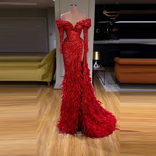 red feathers sequined evening dresses long full sleeves off the shoulder mermaid prom dreess high split side abiti da cerimonia, Black;red
red feathers sequined evening dresses long full sleeves off the shoulder mermaid prom dreess high split side abiti da cerimonia, Black;red