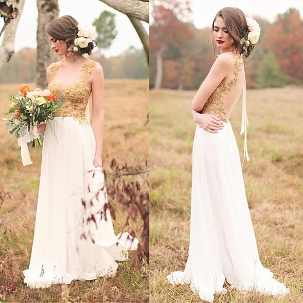 2021 back country wedding dresses illusion split sheer neck beaded gold lace applique chiffon sweep train wedding gown vestido de novia, White
2021 back country wedding dresses illusion split sheer neck beaded gold lace applique chiffon sweep train wedding gown vestido de novia, White