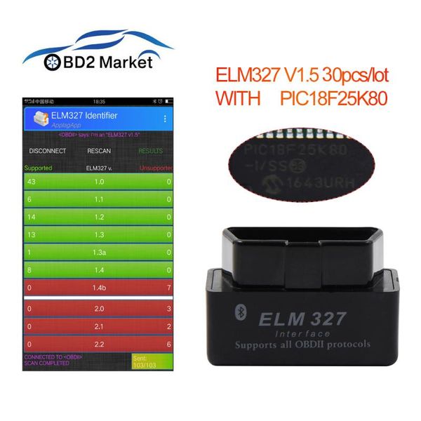 obd2 elm 327 v1.5 bluetooth scanner with pic25k80 chip obd2 diagnostic tool elm327 car diagnostics adapter 30pcs/lot
obd2 elm 327 v1.5 bluetooth scanner with pic25k80 chip obd2 diagnostic tool elm327 car diagnostics adapter 30pcs/lot