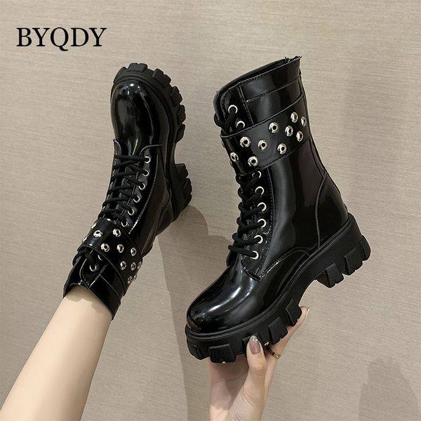 

boots byqdy fashion buckle platform thick bottom autumn women rubber cowboy western booties rivets pu leather lacing combat boot, Black
