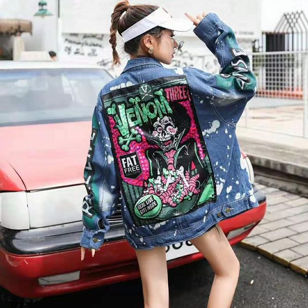 female punk design patches long sleeve jacket plus size loose casual denim coat bf style long cardigan, Black;brown 
female punk design patches long sleeve jacket plus size loose casual denim coat bf style long cardigan, Black;brown