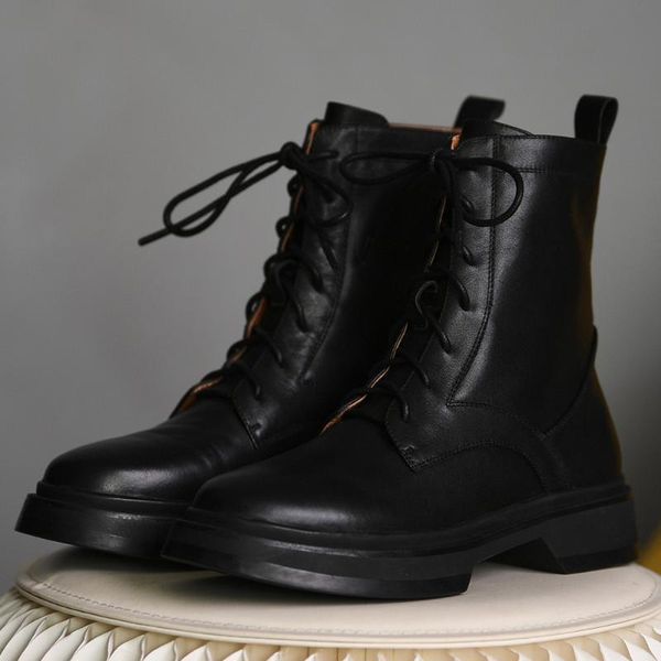 women's genuine leather lace-up flats autumn ankle boots round toe casual boots short motorcycle shoes, Black
women's genuine leather lace-up flats autumn ankle boots round toe casual boots short motorcycle shoes, Black
