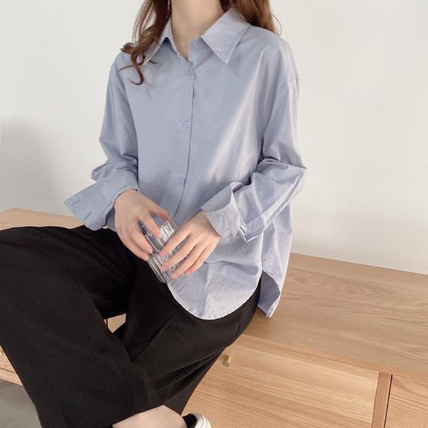 women's blouses & shirts 2021 women fashion wild casual turn- down full-sleeved shirt female temperament retro trend solid color, White