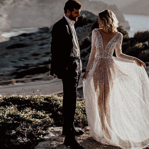 2021 backless illusion boho beach wedding dresses customize glitter sequined bridal gowns sheer v neck long sleeves bride dress, White
2021 backless illusion boho beach wedding dresses customize glitter sequined bridal gowns sheer v neck long sleeves bride dress, White