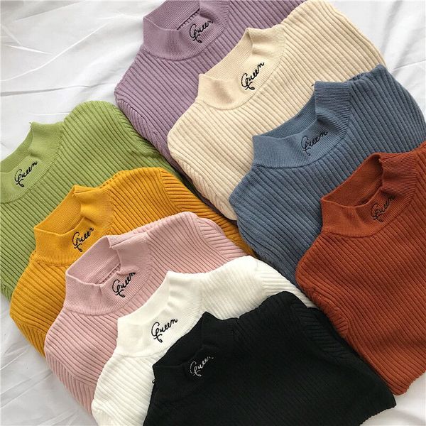 letter embroidery turtleneck women sweaters and pullovers autumn winter 2020 long sleeve solid knitted slim elasticity jumper, White;black
letter embroidery turtleneck women sweaters and pullovers autumn winter 2020 long sleeve solid knitted slim elasticity jumper, White;black