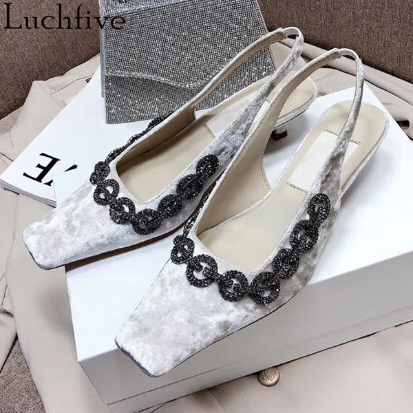 diamond chains sandals square toe shoes woman kitten heels slingbacks runway white black party shoes