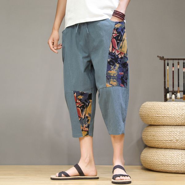 chinese style cotton and linen fashion stitching large size loose casual cropped wide leg harem pants summer loose linen shorts, Blue 
chinese style cotton and linen fashion stitching large size loose casual cropped wide leg harem pants summer loose linen shorts, Blue