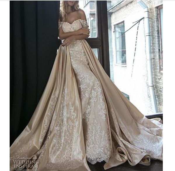 new arrival 2020 stunning champagne mermaid wedding dresses with detachable satin train off the shoulder full lace wedding gowns, White
new arrival 2020 stunning champagne mermaid wedding dresses with detachable satin train off the shoulder full lace wedding gowns, White