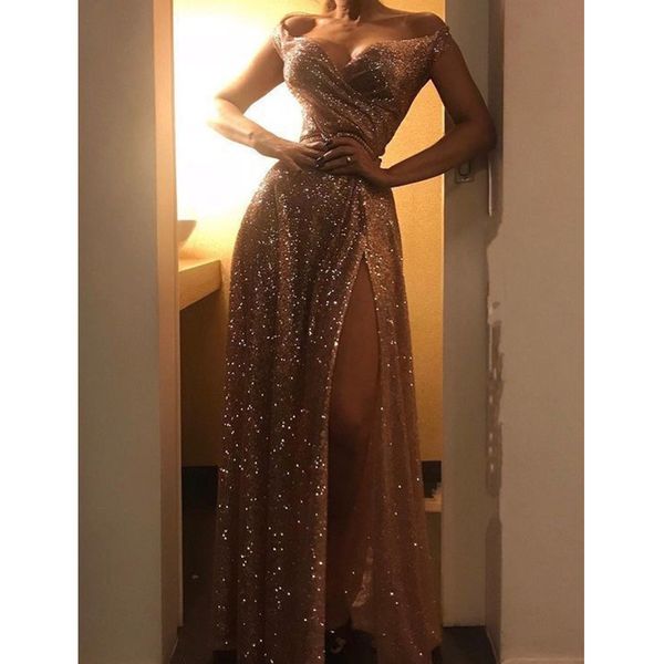 2020 new european and american foreign trade womens popular off-shoulder v-neck bronze sequin dress split dress, White;black
2020 new european and american foreign trade womens popular off-shoulder v-neck bronze sequin dress split dress, White;black