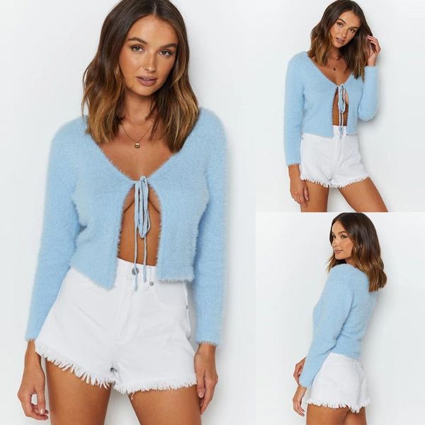 women's t-shirt women turn-down v neck plush coat outwear long sleeve strappy cardigan autumn sweater short fall warm soft, White
women's t-shirt women turn-down v neck plush coat outwear long sleeve strappy cardigan autumn sweater short fall warm soft, White