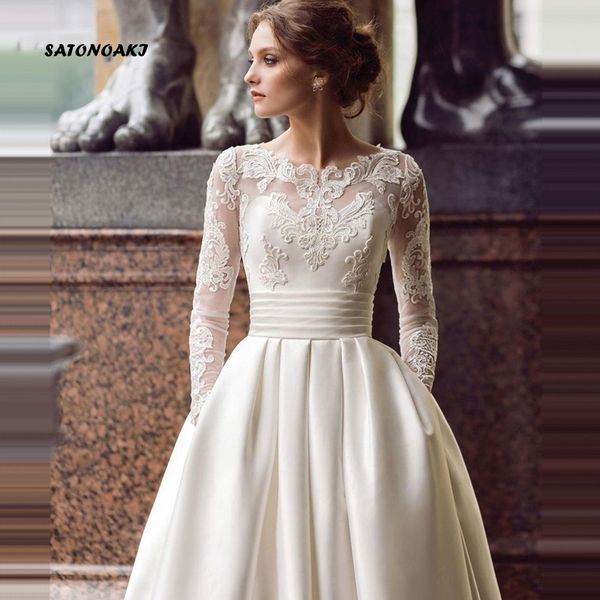 Modest Long Sleeve Wedding Dress 2020 Scoop Satin Appliqued A-line Bridal Gown with Pockets Vestidos de Novia
Modest Long Sleeve Wedding Dress 2020 Scoop Satin Appliqued A-line Bridal Gown with Pockets Vestidos de Novia