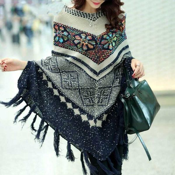 women's ponchos and capes batwing knitted sweater with tassel and sequins 2020 winter vintage oversized elegant women's sweaters, White;black
women's ponchos and capes batwing knitted sweater with tassel and sequins 2020 winter vintage oversized elegant women's sweaters, White;black