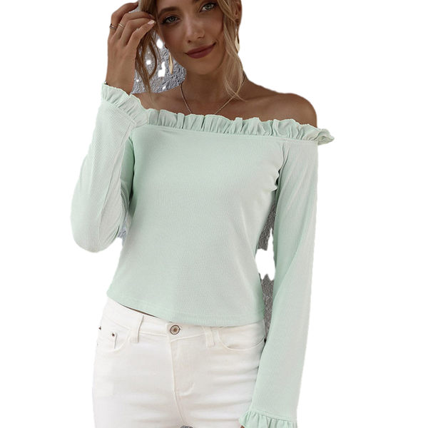 women's polos 2021 original design pure color off shoulder one way neck ruffles full sleeve t0020a, White
women's polos 2021 original design pure color off shoulder one way neck ruffles full sleeve t0020a, White
