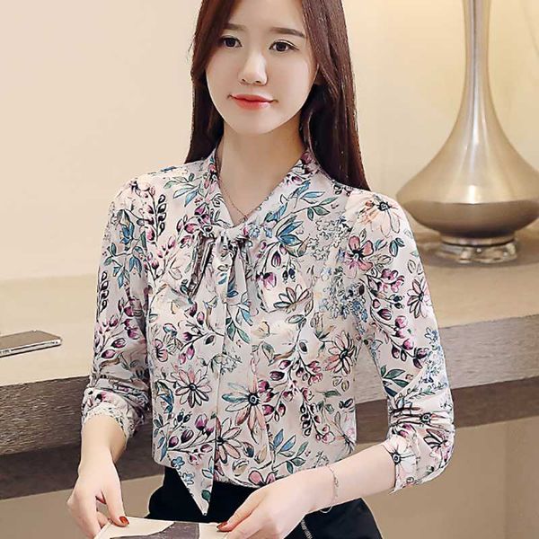 shintimes fashion women 2020 autumn chiffon blouse korean clothes flowers print blouses long sleeve shirts camisas mujer, White