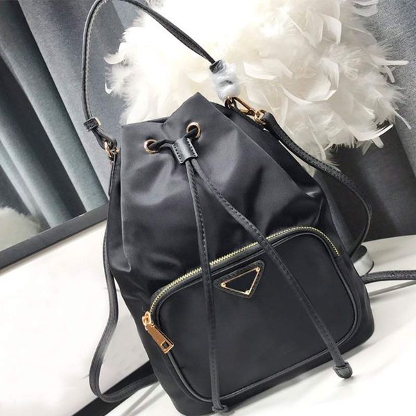 handbags bucket bag inclined shoulder bag fashion parachute fabric cross grain cowhide black string ing