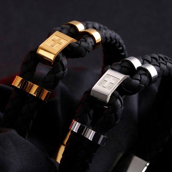 link, chain stainless steel jewelry men and women multi-layer fashion bracelet simple cross leather men's, Black
link, chain stainless steel jewelry men and women multi-layer fashion bracelet simple cross leather men's, Black