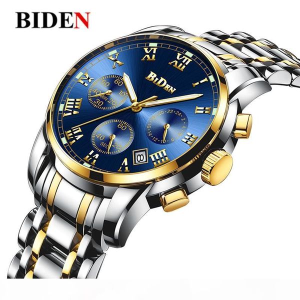 

biden watch men sport chronograph mens watches brand fashion stainless steel casual male's wristwatch waterproof cloc, Slivery;brown