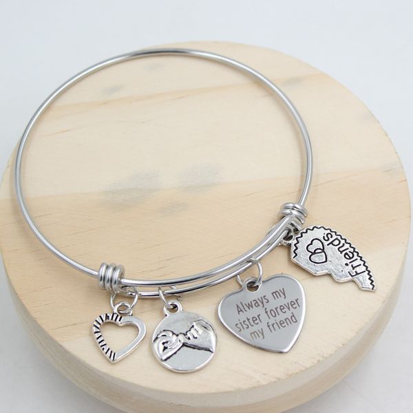 stainless steel wire bangle adjustable bangle always my sister forever my friend heart friends charm bracelet jewelry gifts, Golden;silver 
stainless steel wire bangle adjustable bangle always my sister forever my friend heart friends charm bracelet jewelry gifts, Golden;silver