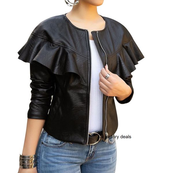 J1640 women's classic coats flounced leather coat