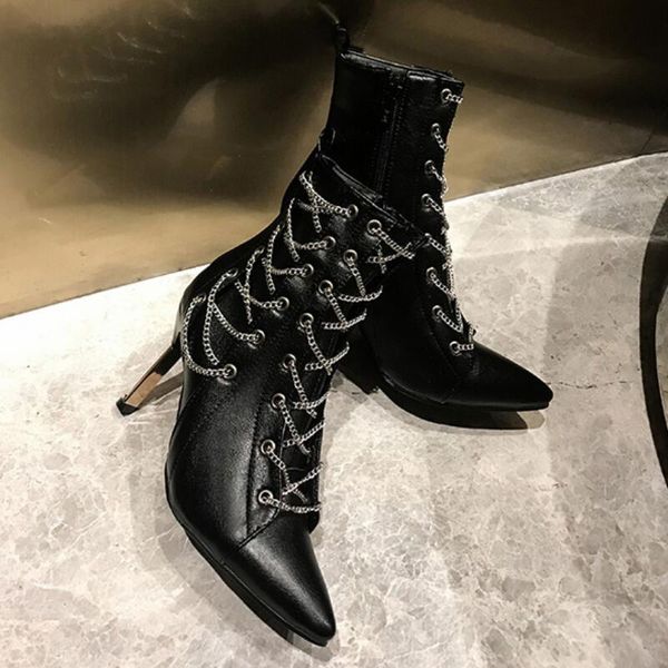 genuine leather chains ankle boots women high heels ladies winter shoes pointed toe black leather boots female botte femme 2020
genuine leather chains ankle boots women high heels ladies winter shoes pointed toe black leather boots female botte femme 2020