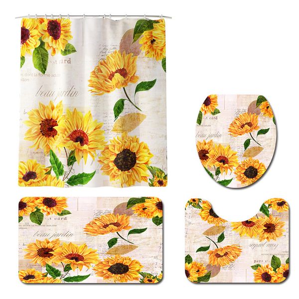 4pcs toilet cover shower curtain set with hooks daisy rose pattern bathroom mat
