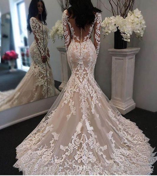 2020 new illusion long sleeves lace mermaid wedding dresses tulle applique court wedding bridal gowns with buttons, White
2020 new illusion long sleeves lace mermaid wedding dresses tulle applique court wedding bridal gowns with buttons, White