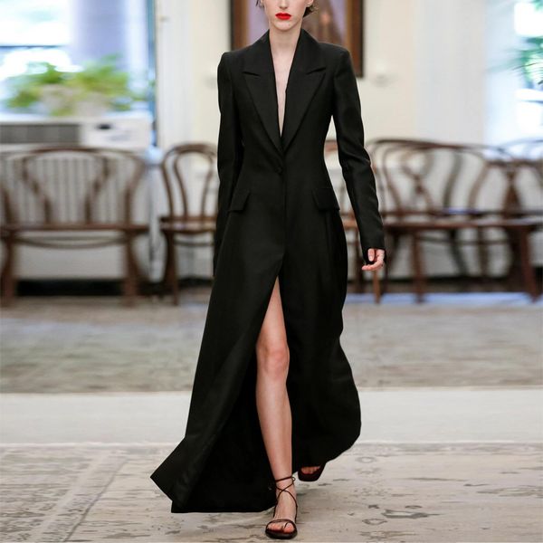 women's dress 2020 new fashion spring super long black slim suit collar fashion long sleeve dress, Tan;black
women's dress 2020 new fashion spring super long black slim suit collar fashion long sleeve dress, Tan;black