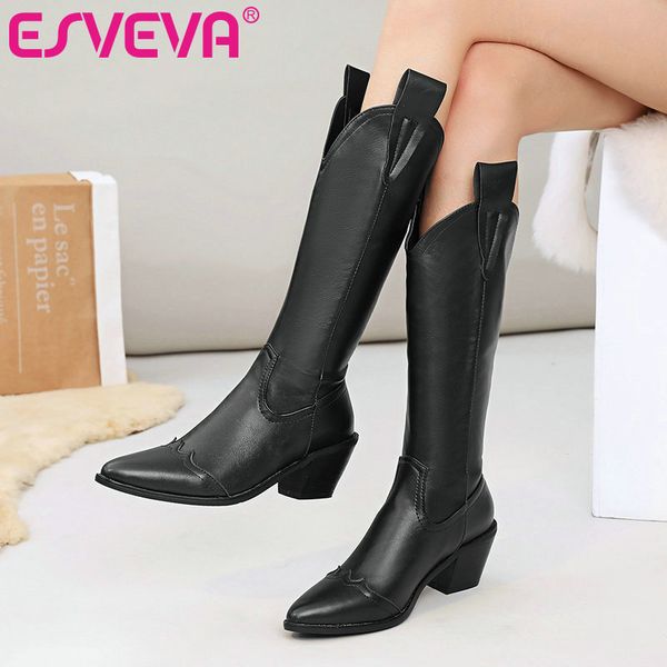 esveva 2021 classic pointed toe elegant slip on square high heel pu leather knee high boots women boots shoes size 34-43, Black
esveva 2021 classic pointed toe elegant slip on square high heel pu leather knee high boots women boots shoes size 34-43, Black