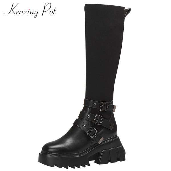 krazing pot 2021 genuine leather round toe punk metal fasteners preppy style bottom thick high heel knitting knee-high boots l51, Black
krazing pot 2021 genuine leather round toe punk metal fasteners preppy style bottom thick high heel knitting knee-high boots l51, Black