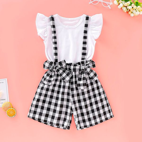 designer trend new casual toddler girls clothes solid ruffled flying sleeves o-neck bow plaid printed suspenders child suit, Pink;blue
designer trend new casual toddler girls clothes solid ruffled flying sleeves o-neck bow plaid printed suspenders child suit, Pink;blue