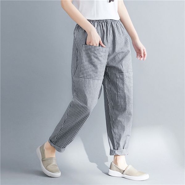 women spring cotton linen line harem pants elastic waist vintage loose casual striped trouser, Black;white
women spring cotton linen line harem pants elastic waist vintage loose casual striped trouser, Black;white
